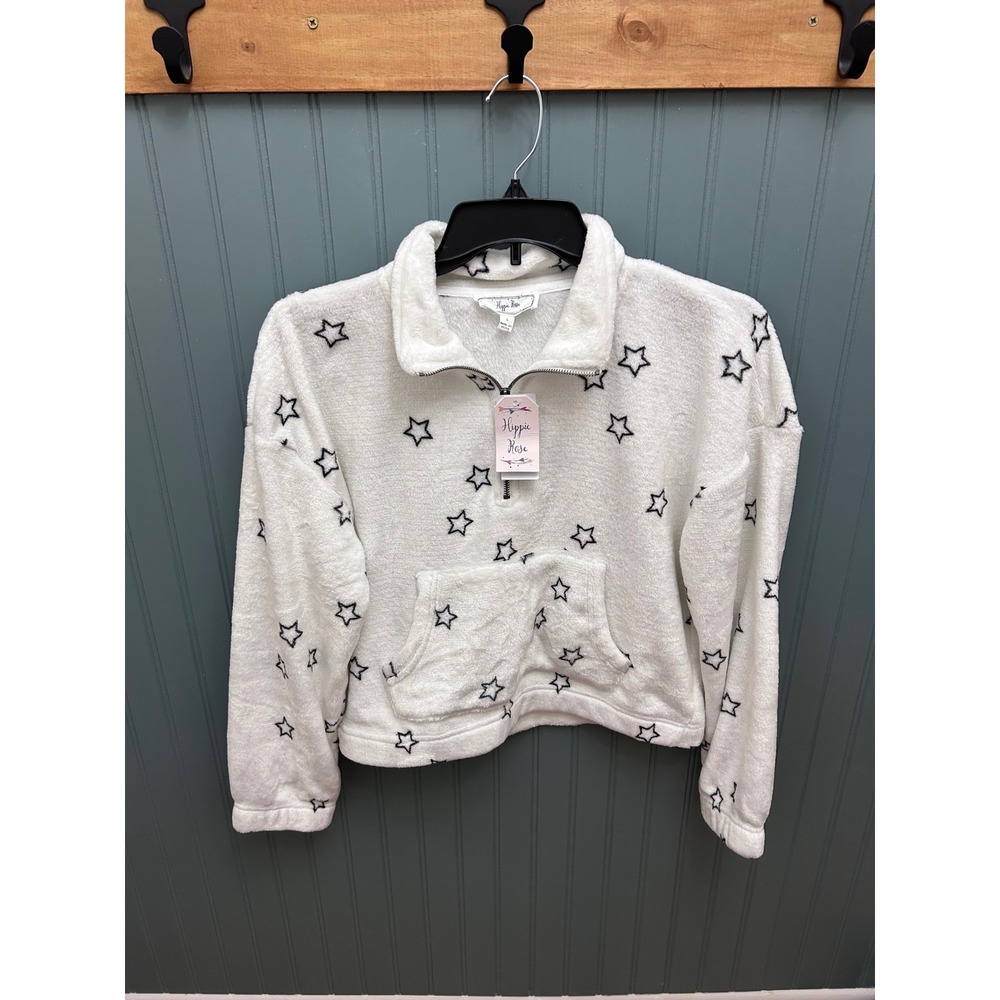 Hippie Rose Fuzzy Star Print Quarter Zip Pullover Sweatshirt Women's Large